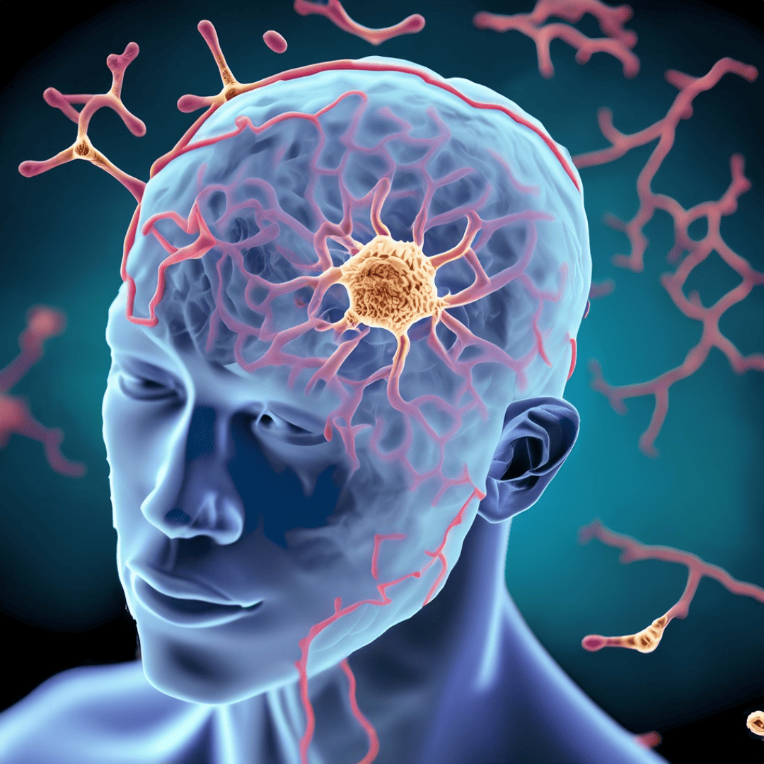 Graphic of human head with astrocyte cell