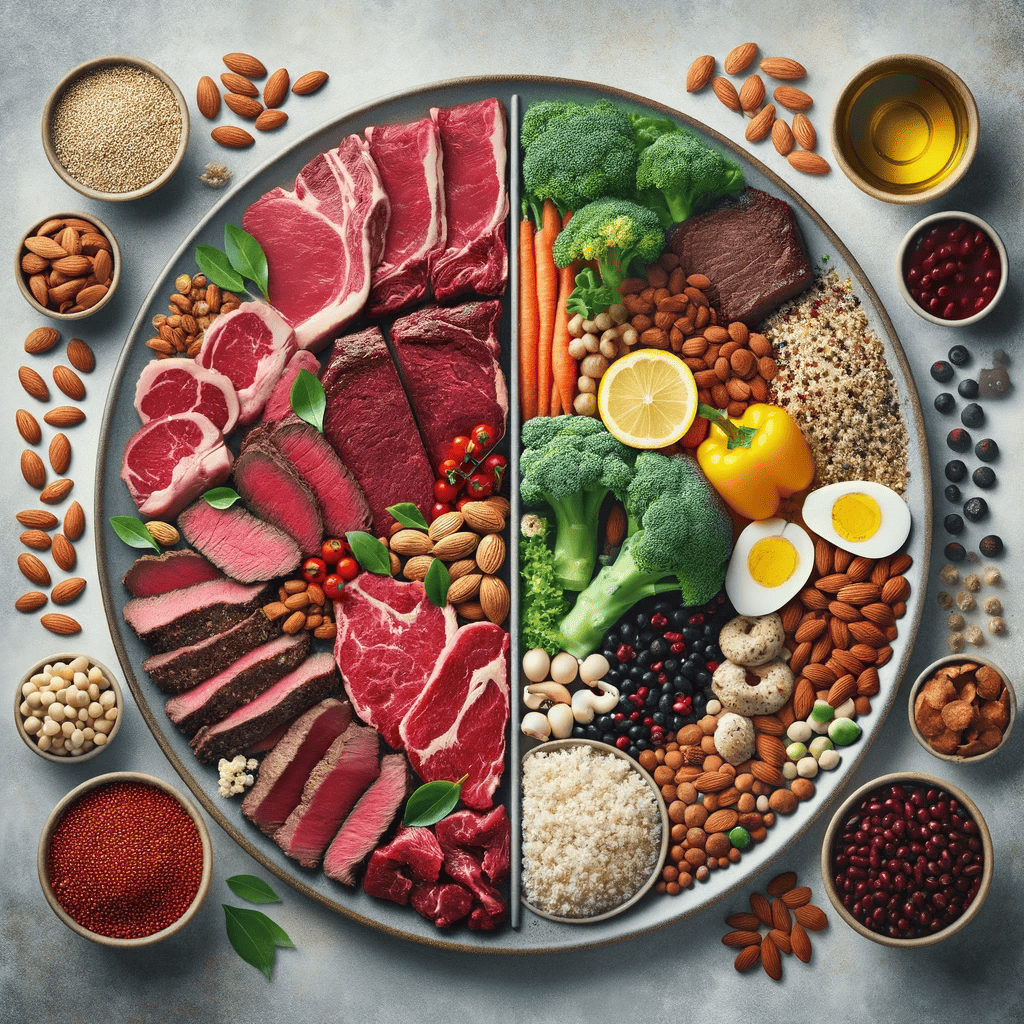 A plate full of meat, vegetables, and nuts.