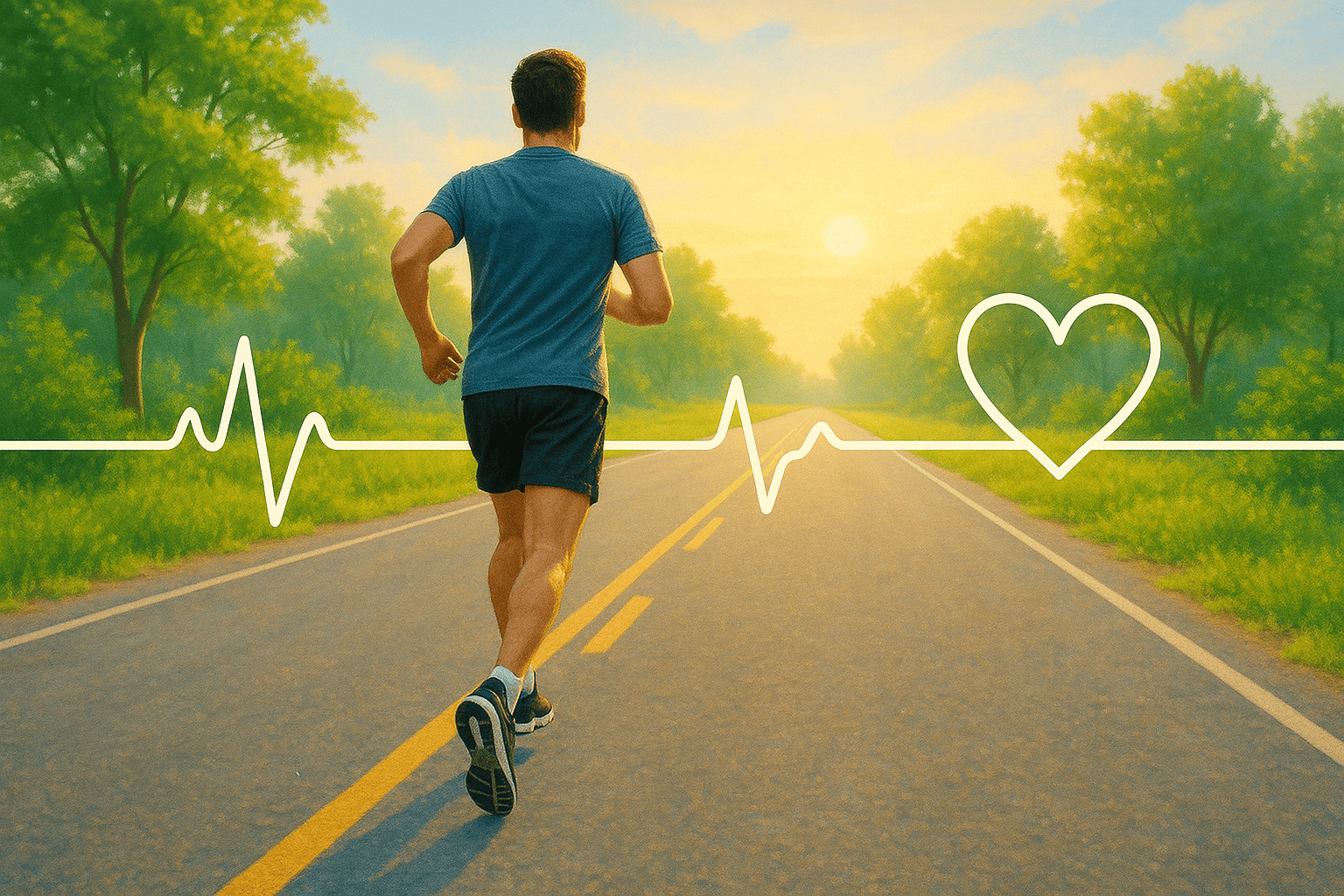 A man runs down an empty road at sunrise with a digital white heart and heartbeat line graph overlayed across the scene.